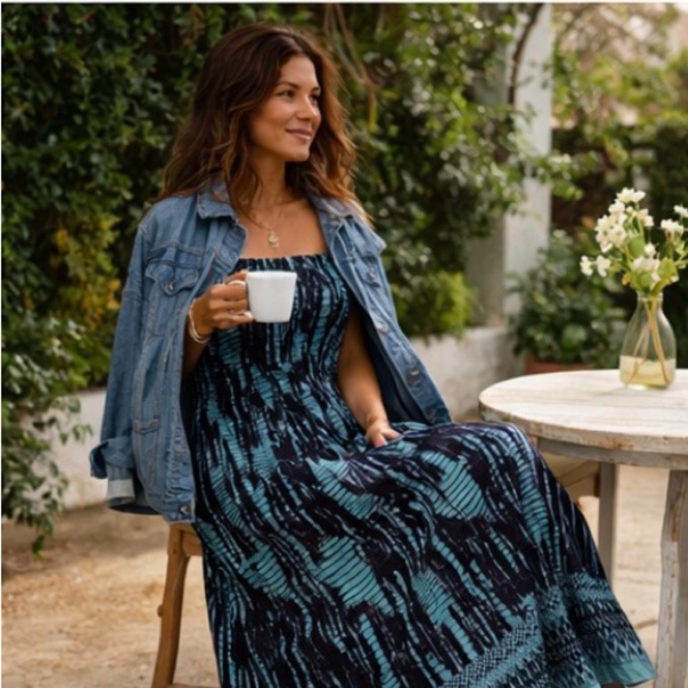 Hand Dyed Maxi Dress Gypsy Blue Medium Boho Silk Feel Elastic Top